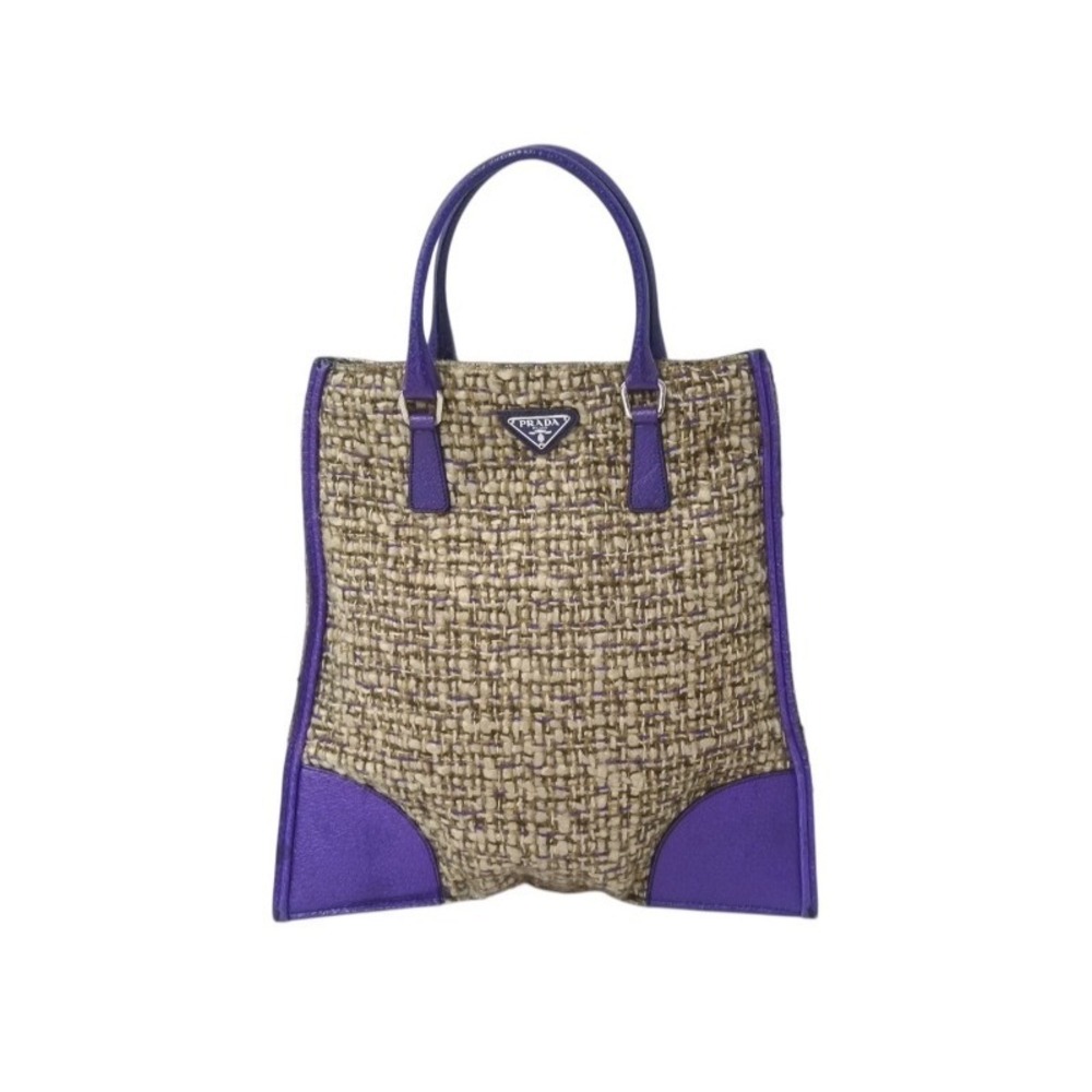 Prada leather triangle tweed Beige purple logo handbag Tan - Picture 2 of 8